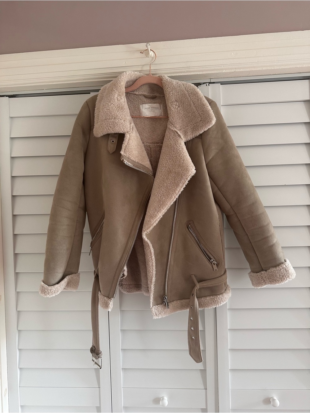 Zara Taupe Leather Shearling-Lined Biker Jacket